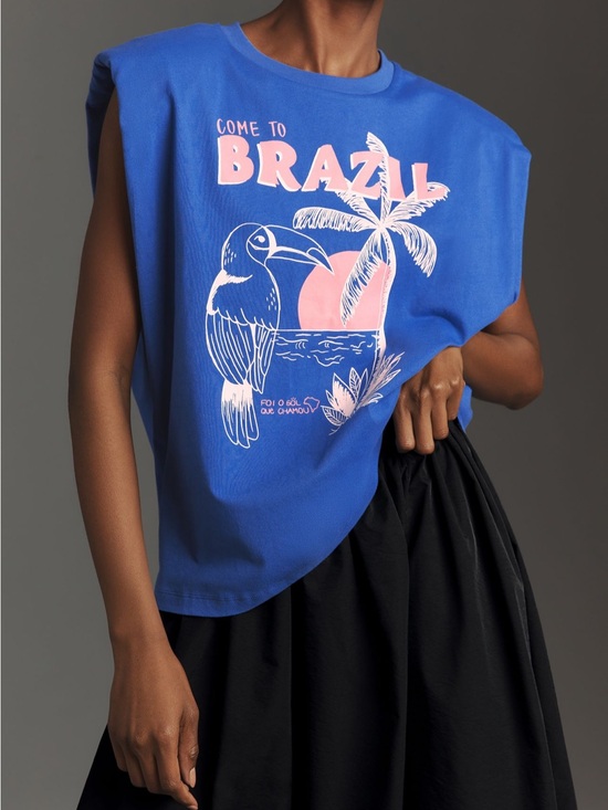 FARM Rio Tops - Farm Rio Brazil Blue Graphic Sleeveless Tee with Pink Print
